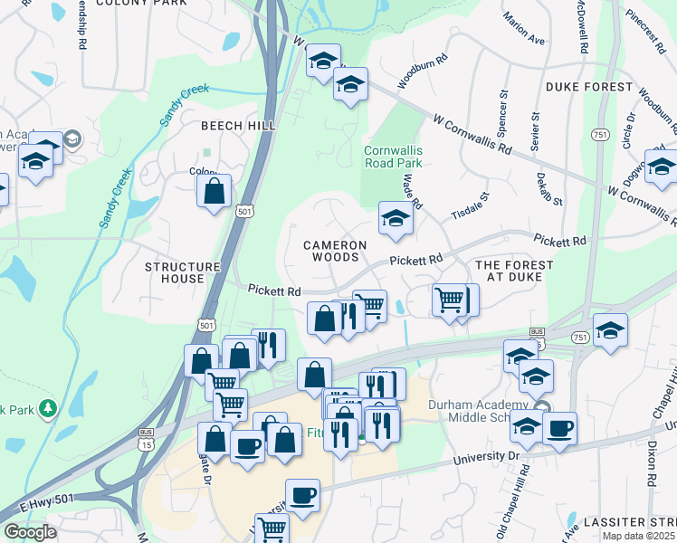 map of restaurants, bars, coffee shops, grocery stores, and more near 2 Paradise Place in Durham