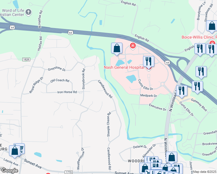 map of restaurants, bars, coffee shops, grocery stores, and more near 201 Candlewood Road in Rocky Mount