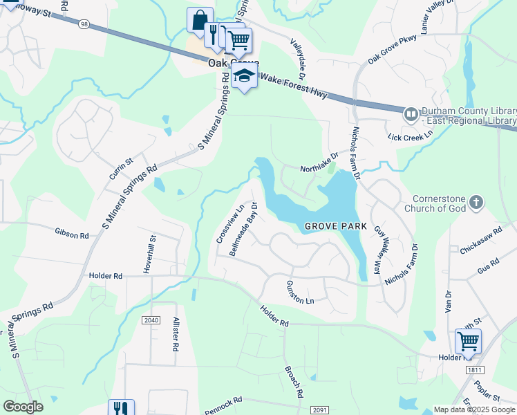 map of restaurants, bars, coffee shops, grocery stores, and more near 505 Bellmeade Bay Drive in Durham
