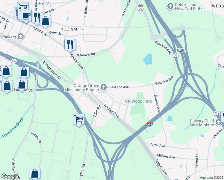 map of restaurants, bars, coffee shops, grocery stores, and more near 423 East End Avenue in Durham