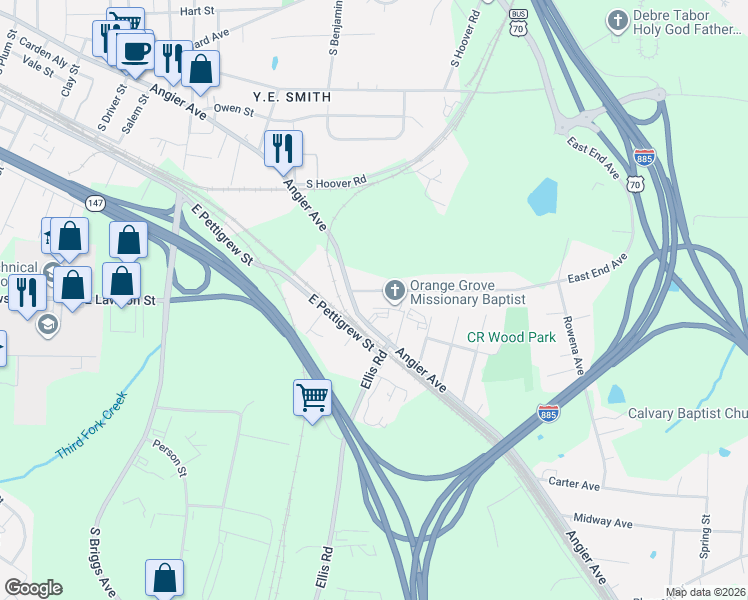 map of restaurants, bars, coffee shops, grocery stores, and more near 515 East End Avenue in Durham