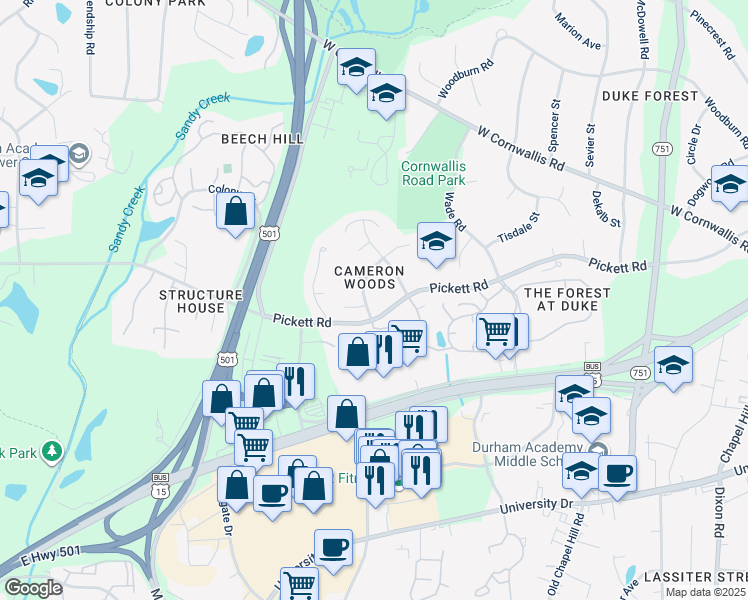 map of restaurants, bars, coffee shops, grocery stores, and more near 2 Paradise Place in Durham