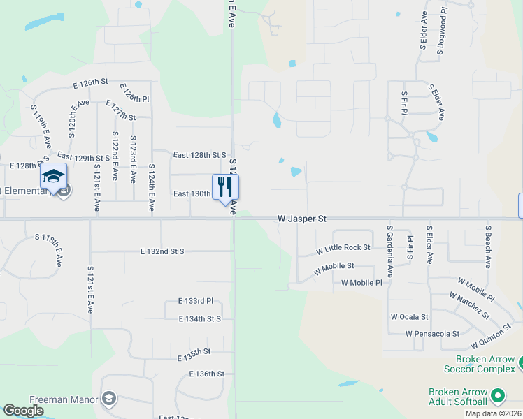 map of restaurants, bars, coffee shops, grocery stores, and more near 13025 East 131st Street South in Broken Arrow