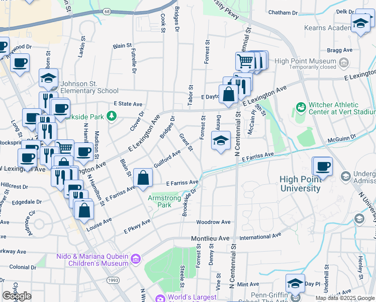 map of restaurants, bars, coffee shops, grocery stores, and more near 912 Grant Street in High Point