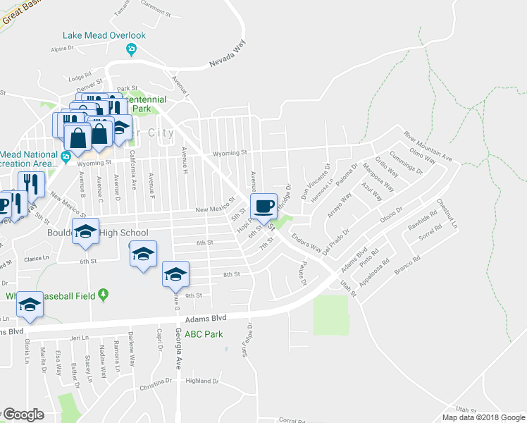 map of restaurants, bars, coffee shops, grocery stores, and more near 813 Utah Street in Boulder City