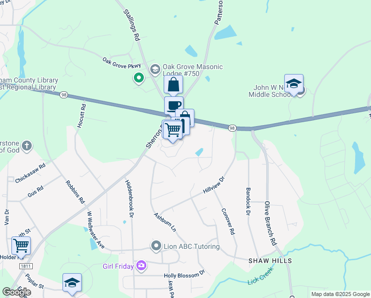 map of restaurants, bars, coffee shops, grocery stores, and more near 109 Oakchest Court in Durham