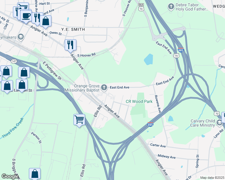 map of restaurants, bars, coffee shops, grocery stores, and more near 423 East End Avenue in Durham