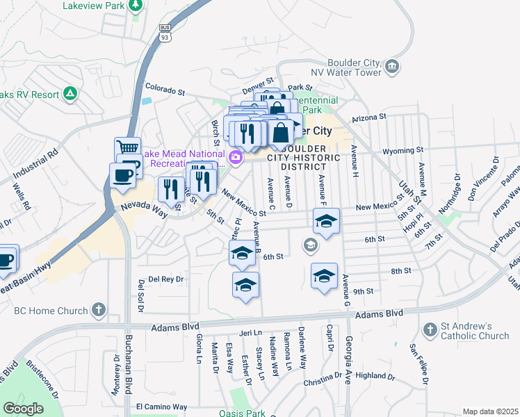 map of restaurants, bars, coffee shops, grocery stores, and more near 663 Avenue B in Boulder City