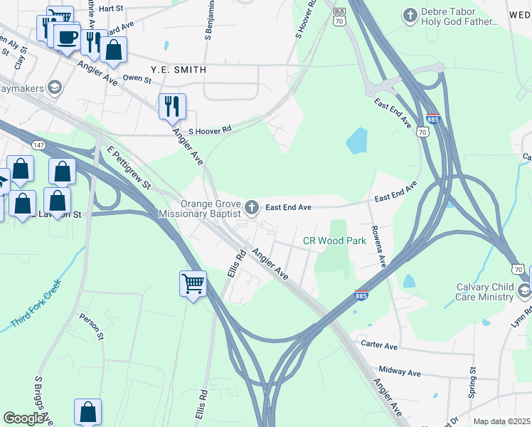 map of restaurants, bars, coffee shops, grocery stores, and more near 423 East End Avenue in Durham
