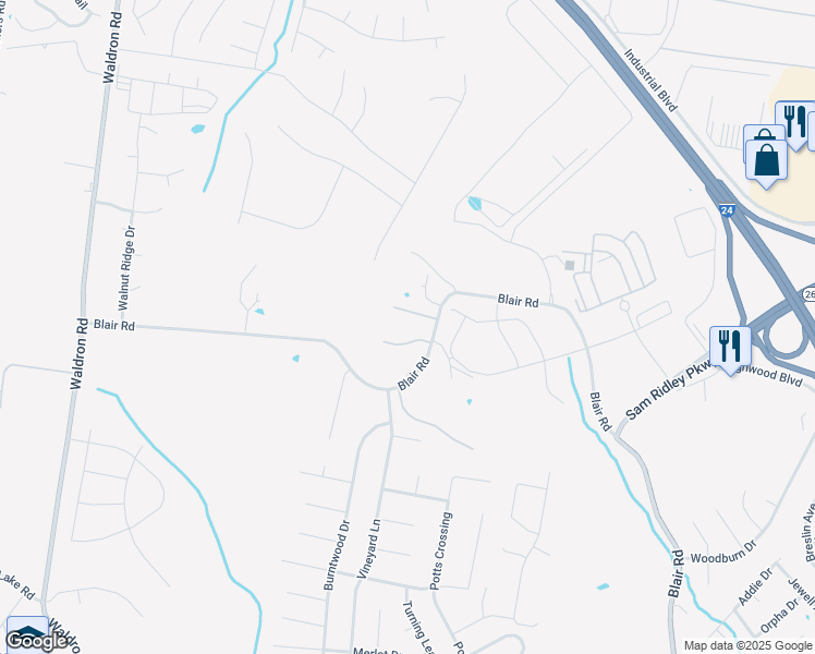 map of restaurants, bars, coffee shops, grocery stores, and more near 285 Blair Road in La Vergne