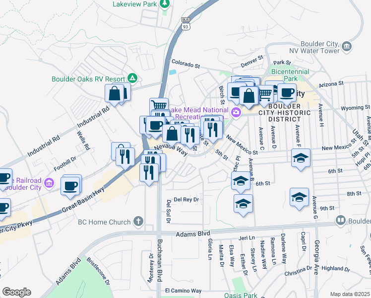 map of restaurants, bars, coffee shops, grocery stores, and more near 916 Nevada Way in Boulder City
