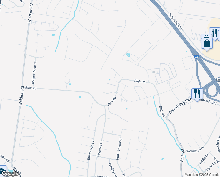 map of restaurants, bars, coffee shops, grocery stores, and more near 285 Blair Road in La Vergne