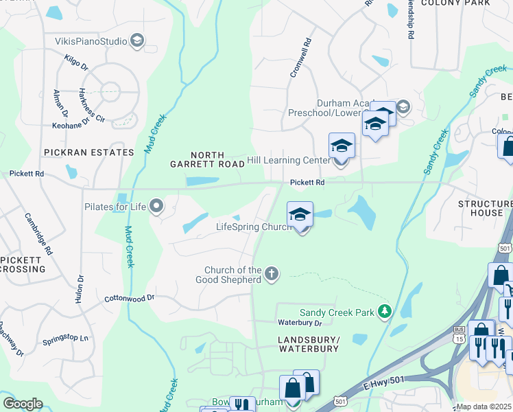 map of restaurants, bars, coffee shops, grocery stores, and more near 3605 Cedarbird Way in Durham
