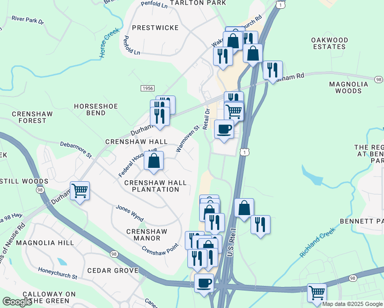 map of restaurants, bars, coffee shops, grocery stores, and more near 1117 Washhouse Lane in Wake Forest