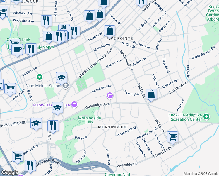 map of restaurants, bars, coffee shops, grocery stores, and more near 1962 Rosedale Avenue in Knoxville