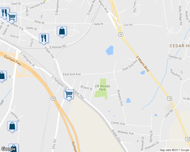map of restaurants, bars, coffee shops, grocery stores, and more near 303 East End Avenue in Durham