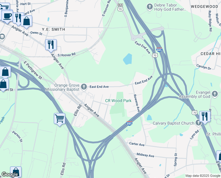 map of restaurants, bars, coffee shops, grocery stores, and more near 303 East End Avenue in Durham
