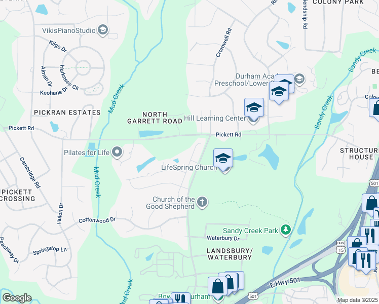 map of restaurants, bars, coffee shops, grocery stores, and more near 3605 Cedarbird Way in Durham