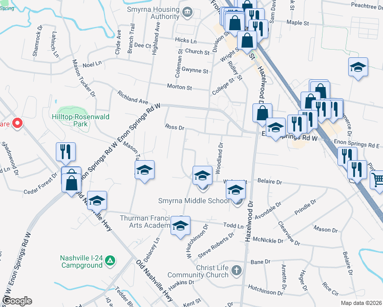 map of restaurants, bars, coffee shops, grocery stores, and more near 100 Crosslin Circle in Smyrna