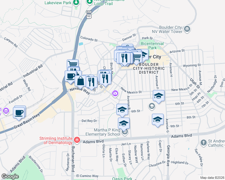 map of restaurants, bars, coffee shops, grocery stores, and more near 712 Avenue A in Boulder City