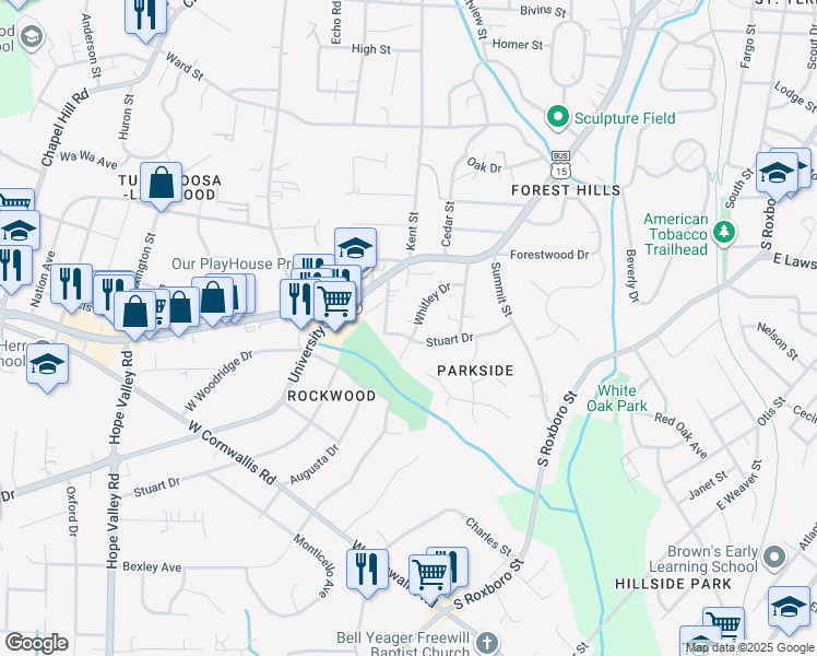map of restaurants, bars, coffee shops, grocery stores, and more near 2302 Stuart Drive in Durham