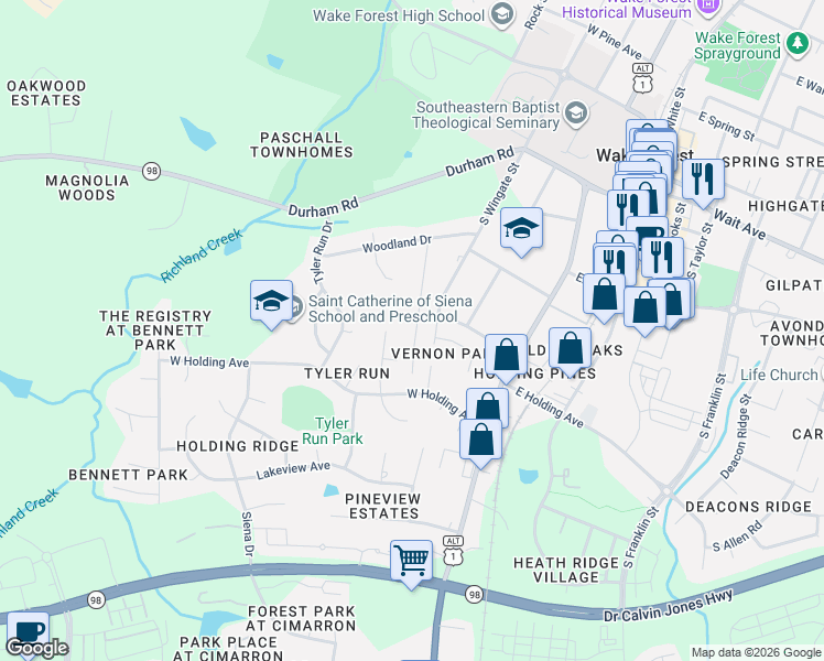 map of restaurants, bars, coffee shops, grocery stores, and more near 618 Rayburn Avenue in Wake Forest