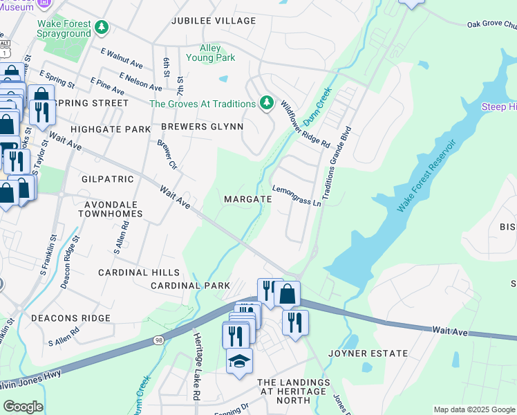 map of restaurants, bars, coffee shops, grocery stores, and more near 942 Havisham Court in Wake Forest