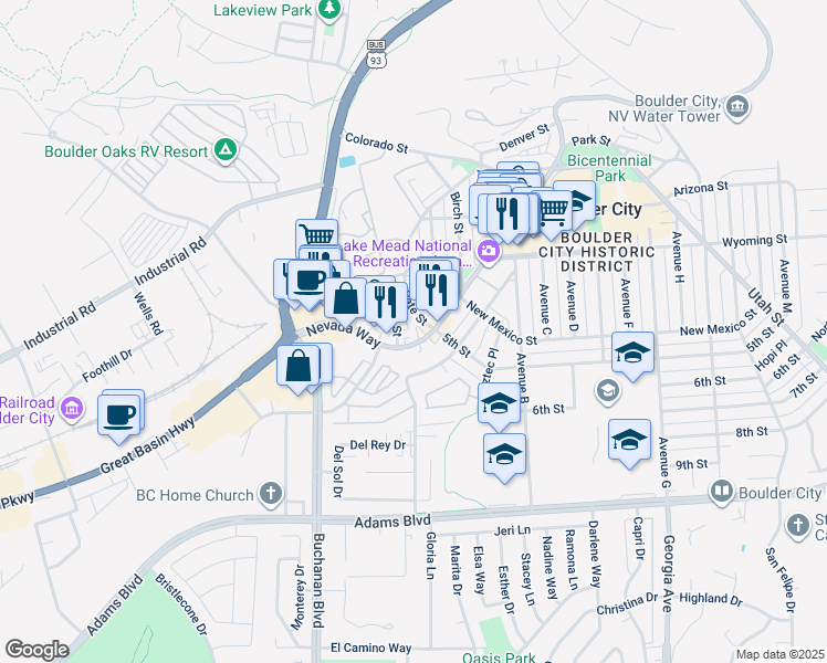 map of restaurants, bars, coffee shops, grocery stores, and more near 800 Nevada Way in Boulder City