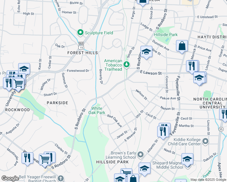map of restaurants, bars, coffee shops, grocery stores, and more near 1907 South Roxboro Street in Durham