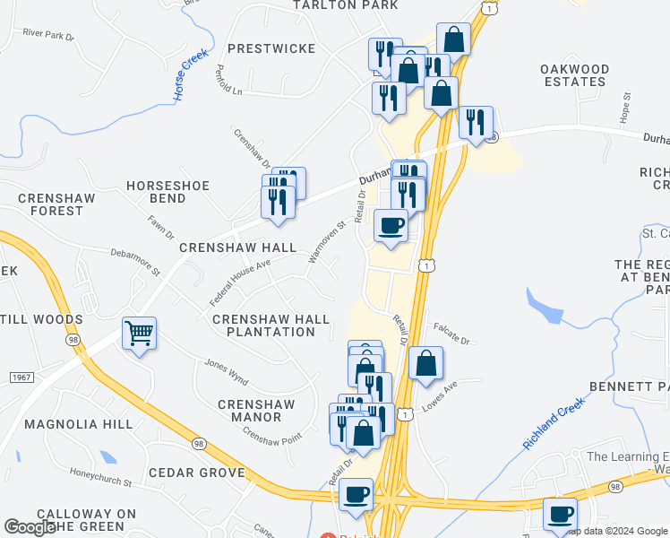 map of restaurants, bars, coffee shops, grocery stores, and more near 1117 Washhouse Lane in Wake Forest