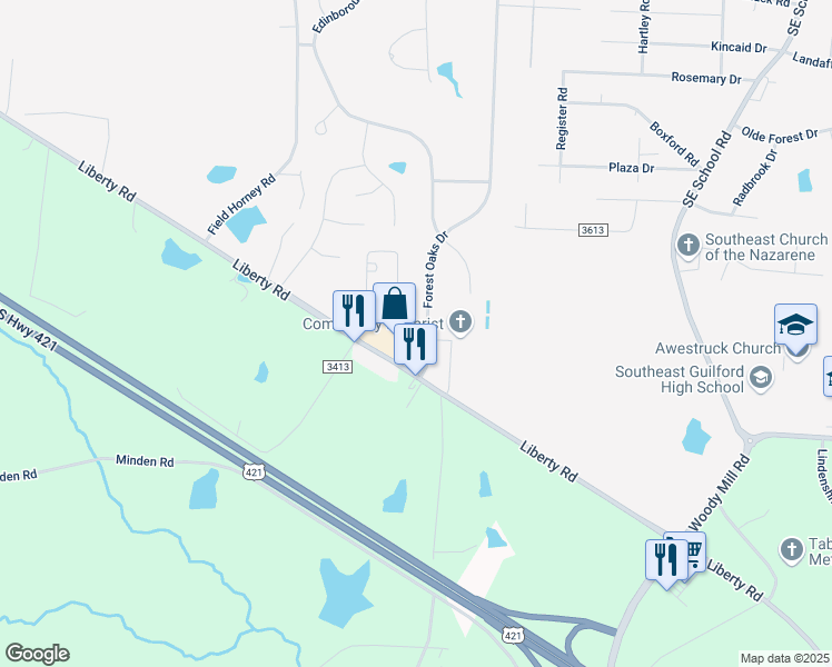 map of restaurants, bars, coffee shops, grocery stores, and more near 5412 Forest Oaks Drive in Greensboro