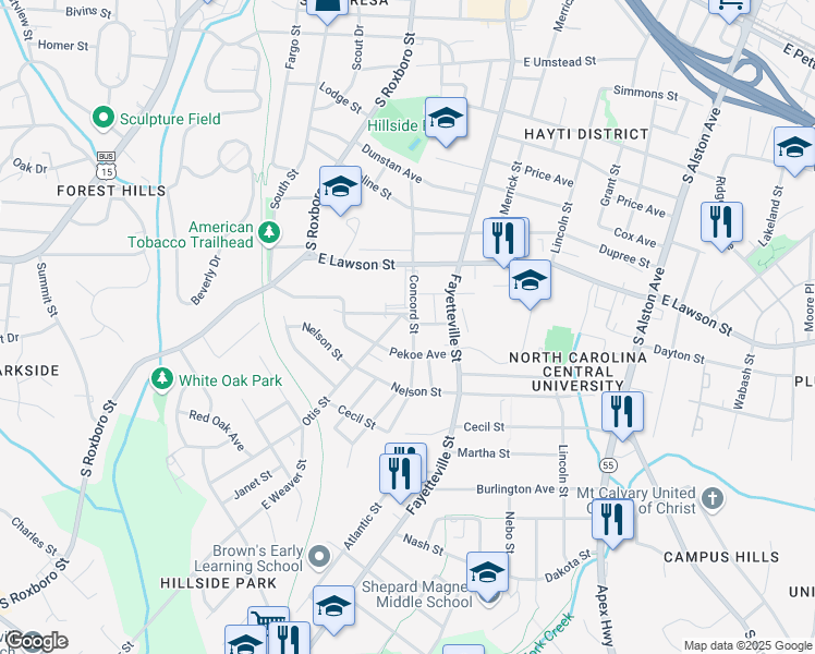 map of restaurants, bars, coffee shops, grocery stores, and more near 304 Formosa Avenue in Durham