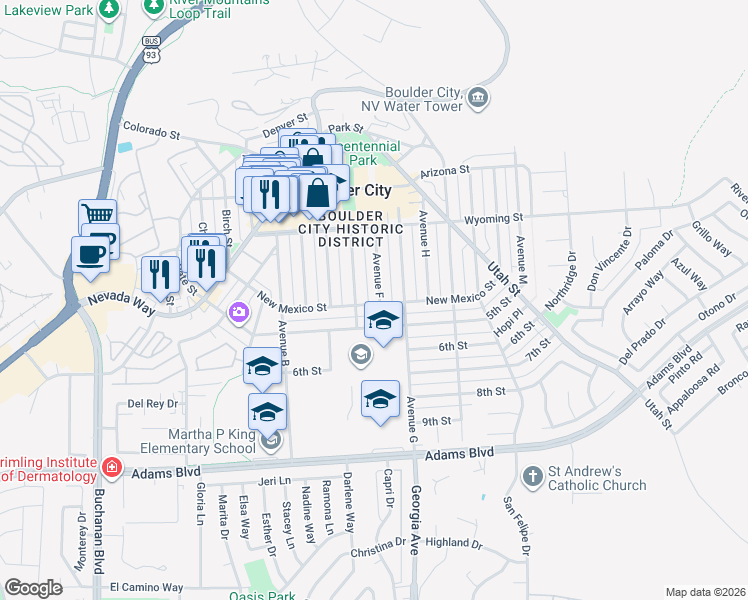 map of restaurants, bars, coffee shops, grocery stores, and more near 668 Avenue F in Boulder City