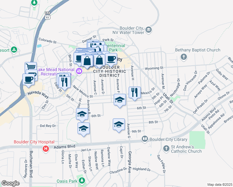 map of restaurants, bars, coffee shops, grocery stores, and more near 668 Avenue F in Boulder City