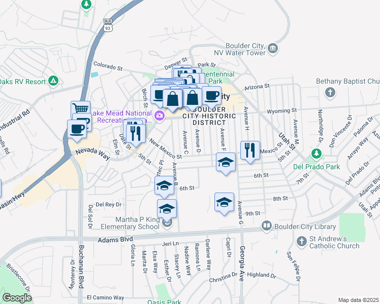 map of restaurants, bars, coffee shops, grocery stores, and more near in Boulder City