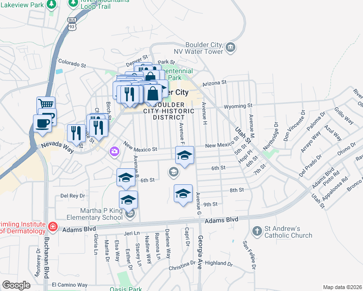 map of restaurants, bars, coffee shops, grocery stores, and more near 1010 New Mexico Street in Boulder City