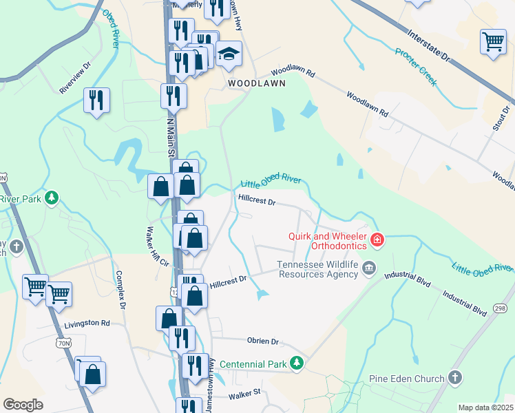 map of restaurants, bars, coffee shops, grocery stores, and more near 999 Hillcrest Drive in Crossville