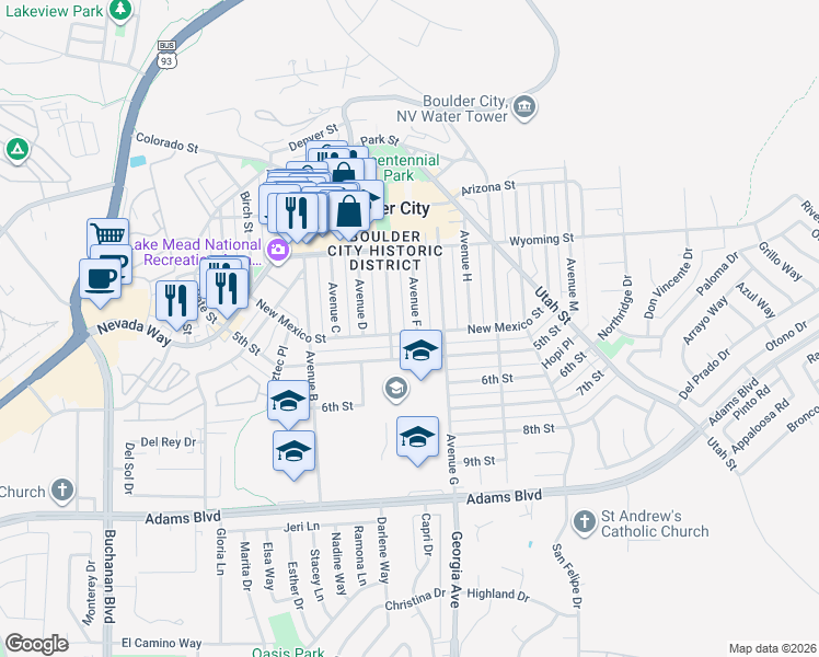 map of restaurants, bars, coffee shops, grocery stores, and more near 663 California Avenue in Boulder City