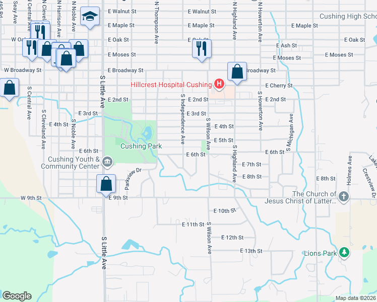 map of restaurants, bars, coffee shops, grocery stores, and more near 910 East 6th Street in Cushing