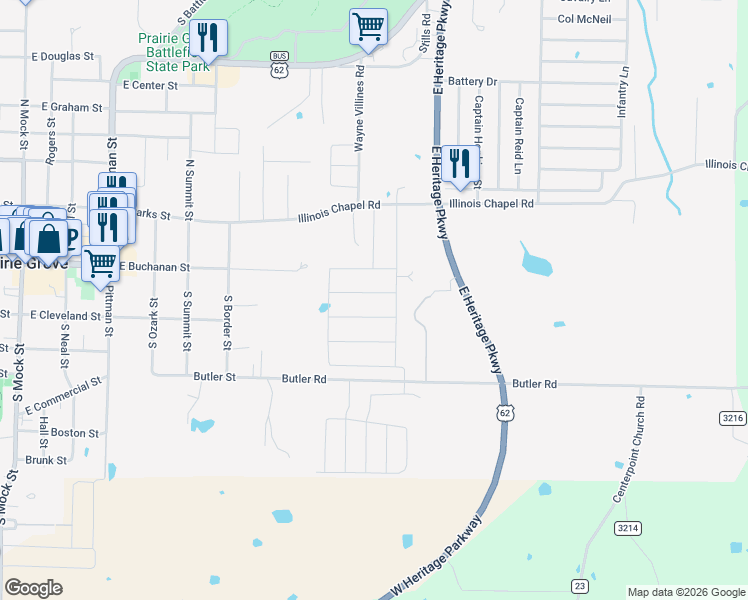 map of restaurants, bars, coffee shops, grocery stores, and more near 1000 Butler Road in Prairie Grove