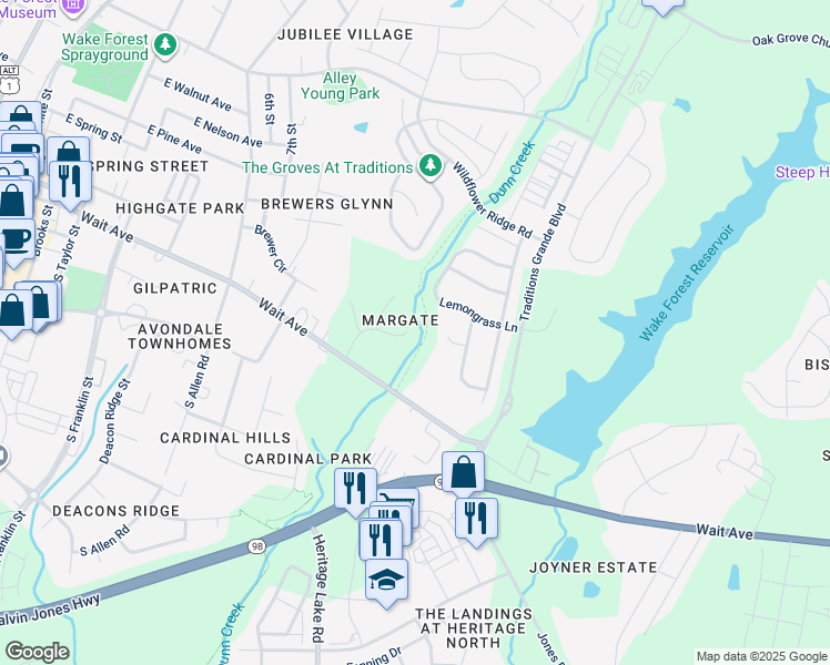 map of restaurants, bars, coffee shops, grocery stores, and more near 942 Havisham Court in Wake Forest