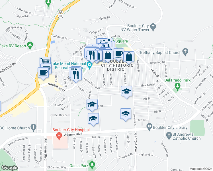 map of restaurants, bars, coffee shops, grocery stores, and more near 660 Avenue D in Boulder City