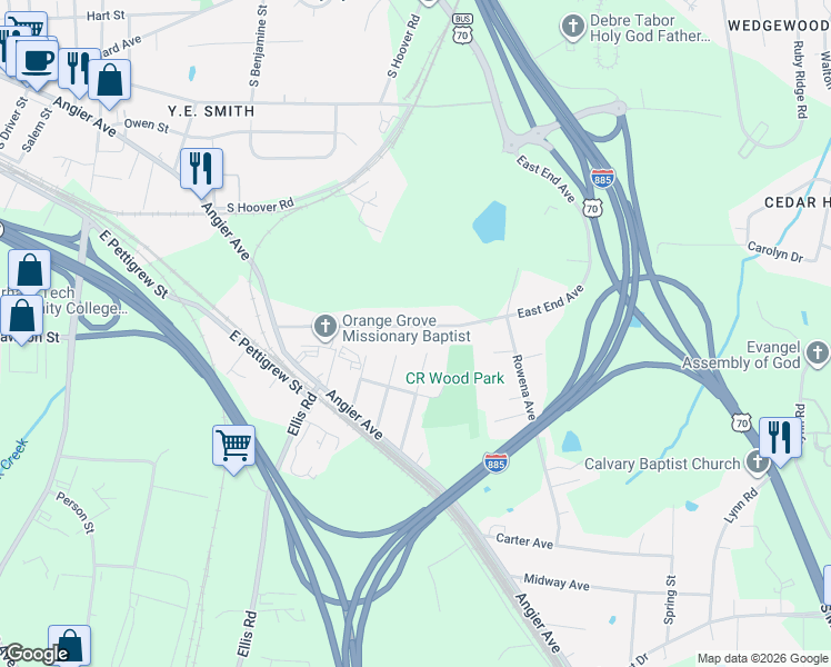 map of restaurants, bars, coffee shops, grocery stores, and more near 303 East End Avenue in Durham