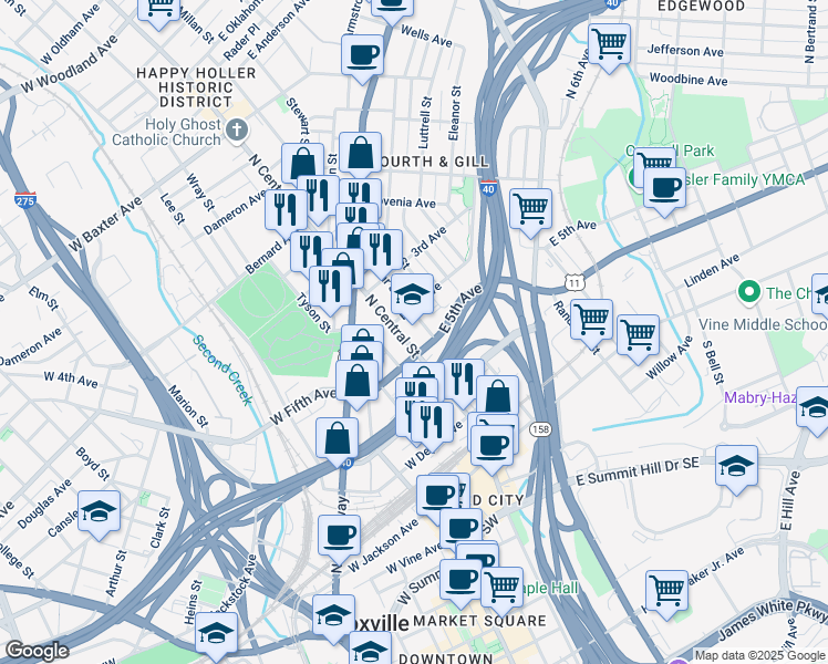 map of restaurants, bars, coffee shops, grocery stores, and more near in Knoxville
