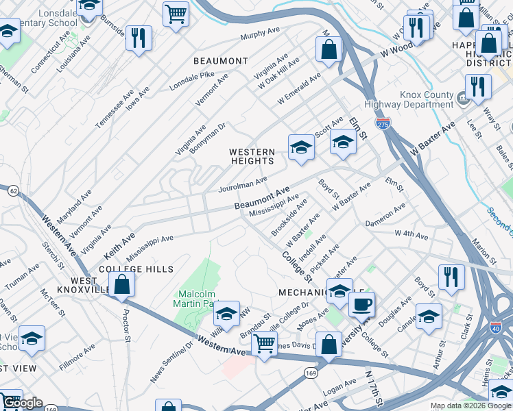 map of restaurants, bars, coffee shops, grocery stores, and more near 1423 Beaumont Avenue in Knoxville