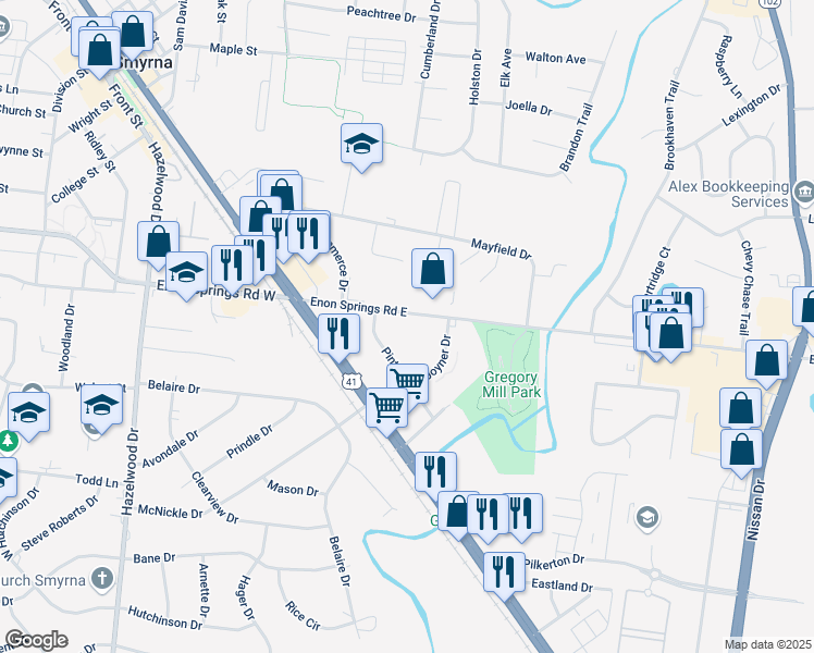 map of restaurants, bars, coffee shops, grocery stores, and more near 202 Enon Springs Road East in Smyrna