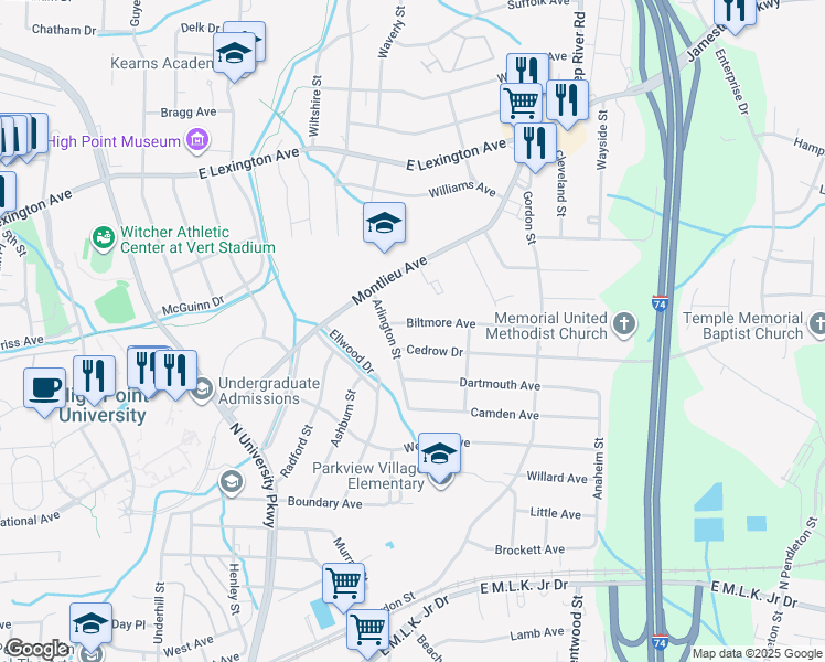 map of restaurants, bars, coffee shops, grocery stores, and more near 1114 Biltmore Avenue in High Point
