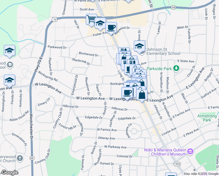 map of restaurants, bars, coffee shops, grocery stores, and more near 1317 Prescott Place in High Point