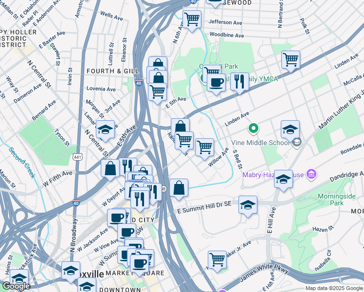 map of restaurants, bars, coffee shops, grocery stores, and more near 202 Randolph Street in Knoxville