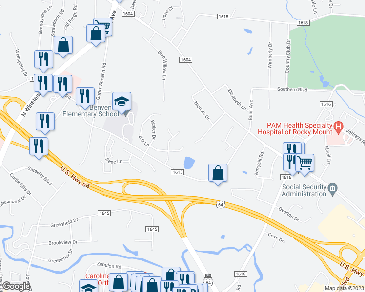 map of restaurants, bars, coffee shops, grocery stores, and more near 52 Bridgeport Court in Rocky Mount
